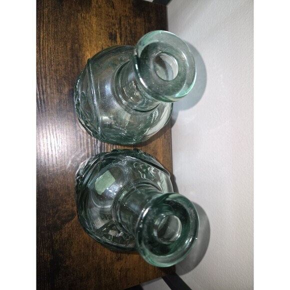 Vintage Canadian Pressed Glass Decanter Fruit Design Aqua Blue 7.5” Set of 2 - Picture 6 of 8